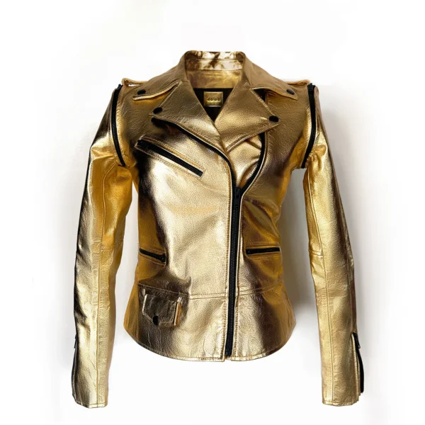 Women Metallic Gold Removable Sleeve Leather Jacket front view showing asymmetrical zipper and lapels