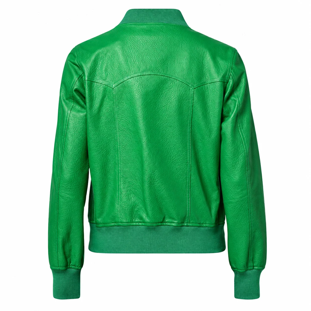 Back view of the women's green leather jacket displaying structured shoulder yoke seams, rib-knitted cuffs, and elasticated hem