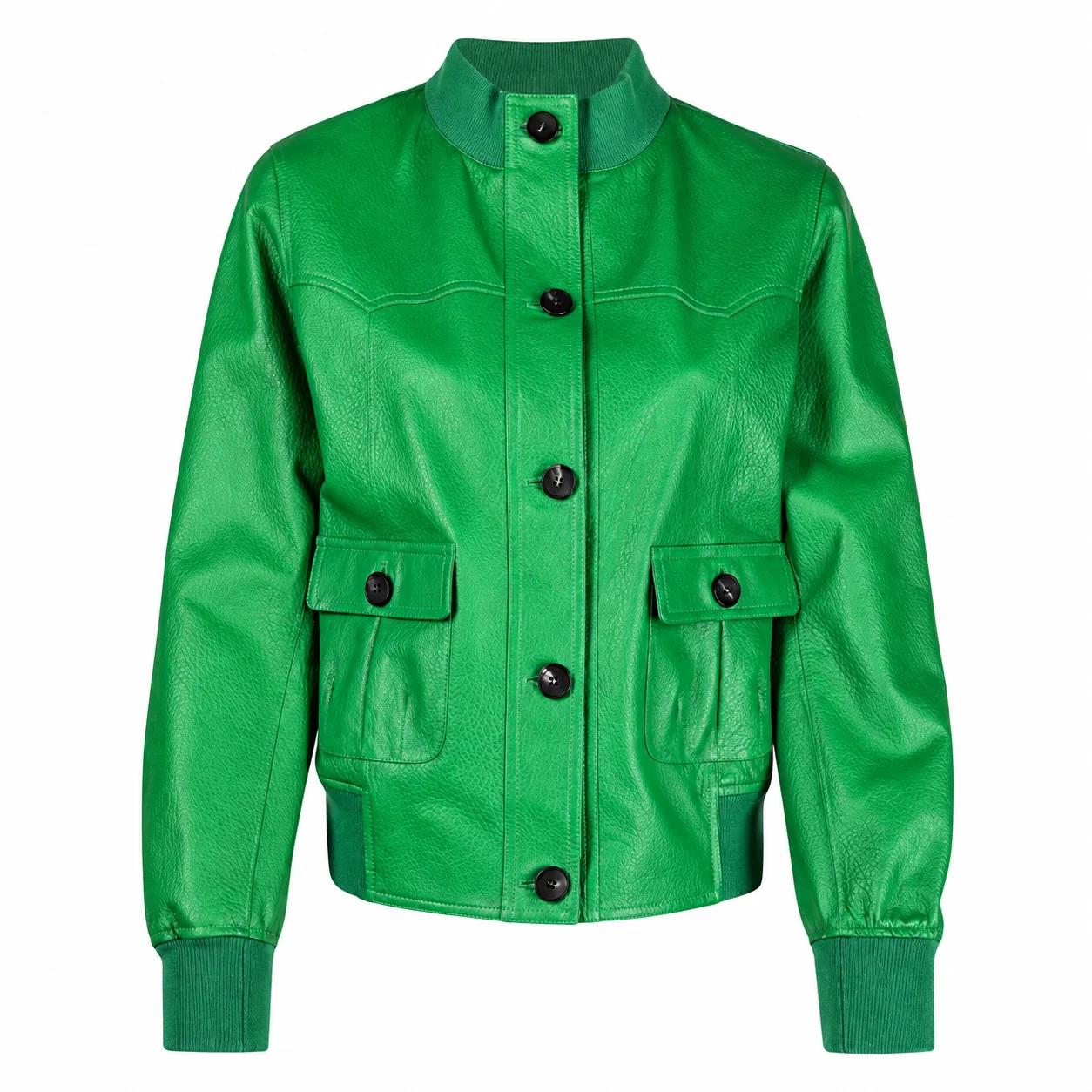 Front view of the women's green buttoned leather jacket featuring black button placket, rib-knitted collar, and front flap cargo pockets. Women’s Green Buttoned Leather Jacket