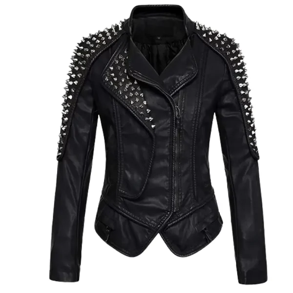 Women Black Studded Leather Moto Jacket front view showing shoulder spikes and studded lapel