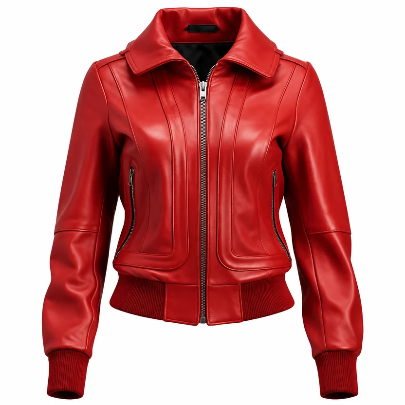 Front view of the women's red cropped leather bomber jacket featuring central metallic zipper, fold-down shirt collar, and vertical side zip pockets. Women’s Red Cropped Leather Bomber Jacket