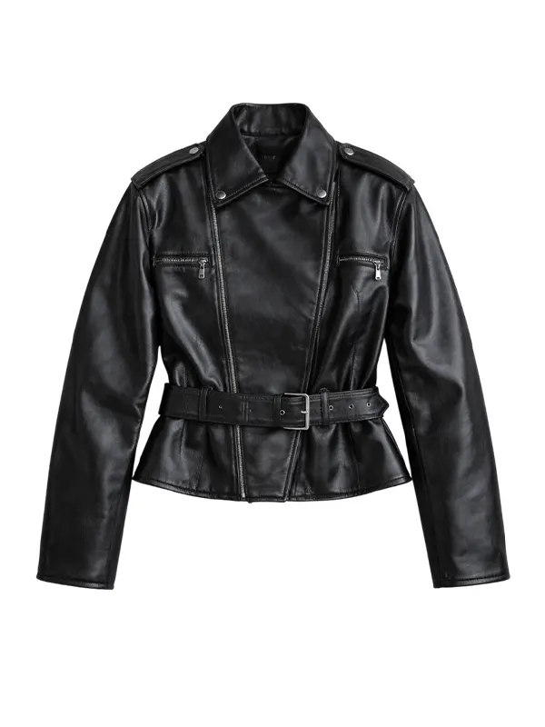 Womens Belted Black Leather Biker Jacket front view showing asymmetrical zipper and waist belt