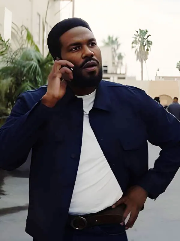 ront view of Yahya Abdul Mateen wearing the navy blue cotton jacket with chest flap pockets and buttons.Wonder Man Yahya Abdul Mateen Blue Cotton Jacket