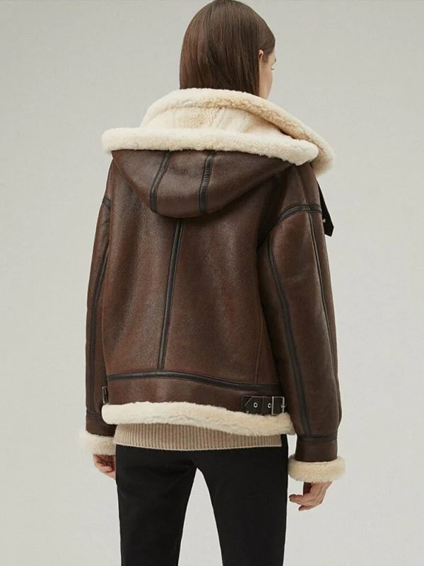 Model back view of Womens Dark Brown Leather Off White Shearling Hooded Aviator Jacket