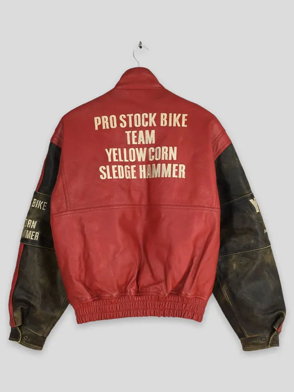 Back view of the red vintage leather racing jacket showcasing large bold lettering on the back yoke, contrasting sleeves, and an elastic hem. Your Fault London Ben Mangham Red Biker Leather Jacket