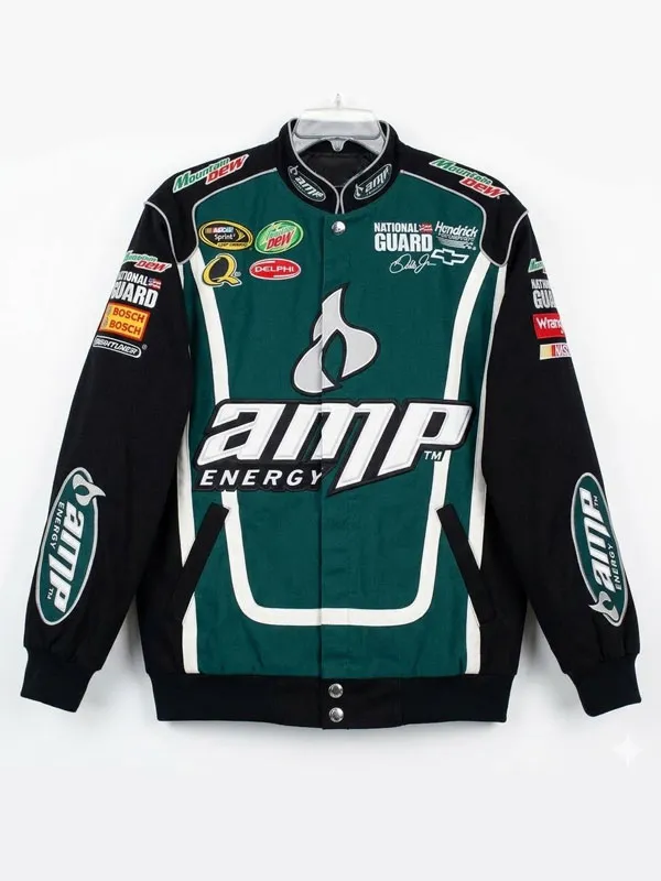 Front view of the dark green cotton racing jacket featuring motorsport sponsor patches, snap-button front closure, stand collar, and side pockets. Your Fault London Zach Cotton Racing Jacket