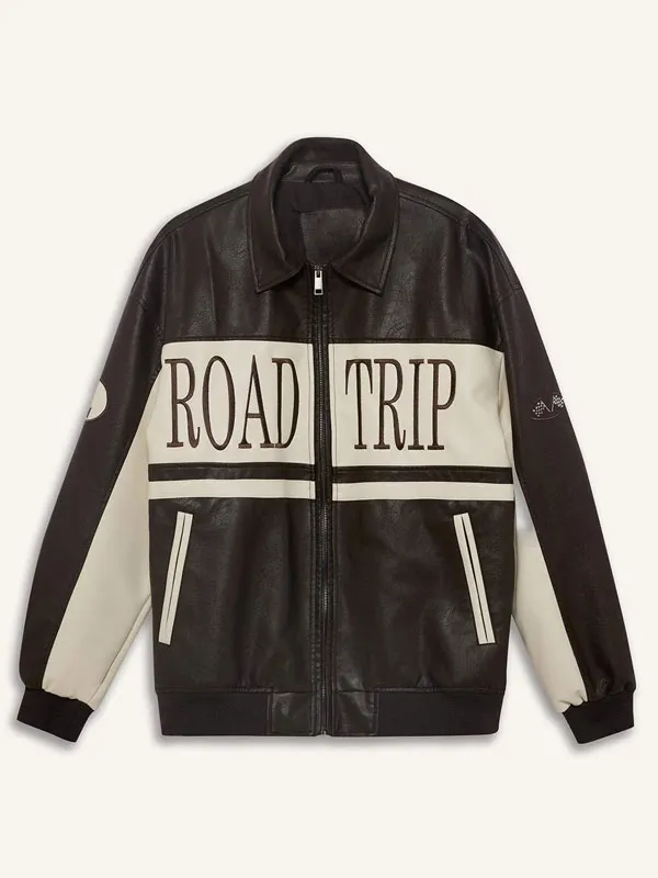 Front view of the brown leather jacket featuring "ROAD TRIP" white chest panels, front zipper, and waist pockets. Your Heart Will Be Broken Road Trip Brown White Leather Jacket