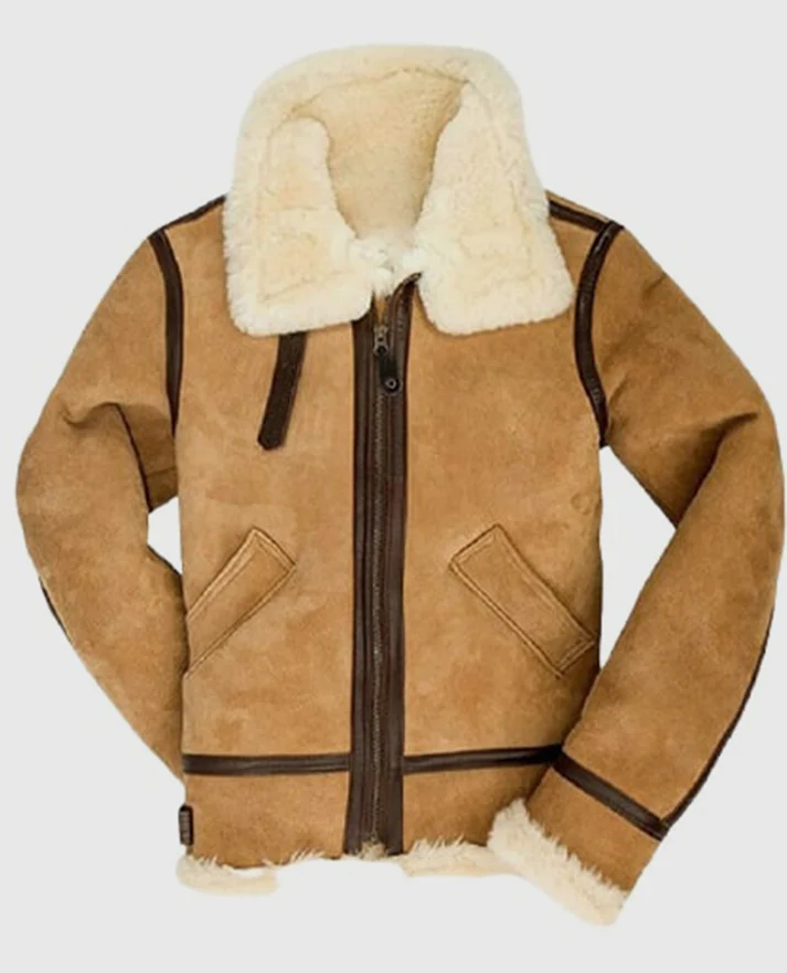 Studio cutout front view of Womens Camel Brown Suede Off White Shearling B3 Aviator Jacket