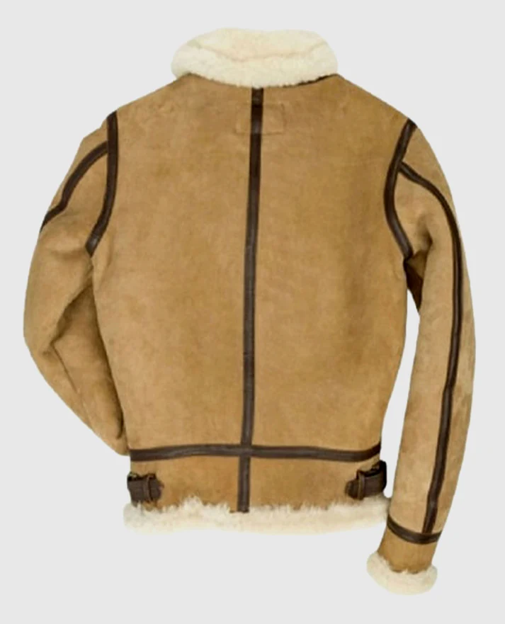 Studio cutout back view of Womens Camel Brown Suede Off White Shearling B3 Aviator Jacket