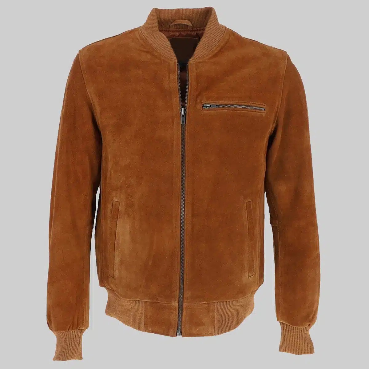Studio front view of Mens Classic Tan Brown Suede Leather Bomber Jacket
