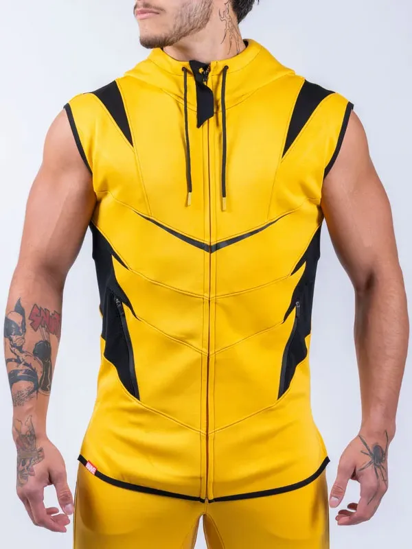 Model wearing Marvel Wolverine Limited Edition Performance Cutoff Hoodie front view. Marvel Wolverine Limited Edition Performance Cutoff Hoodie