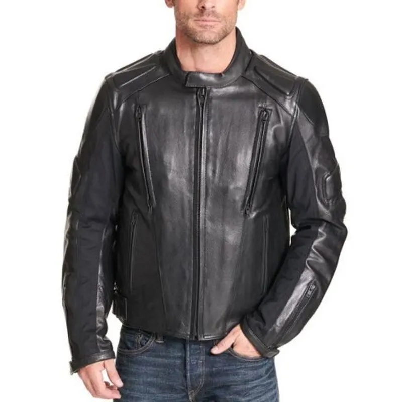 Studio front view of Men Black Padded Armored Leather Motorcycle Jacket with chest zippers