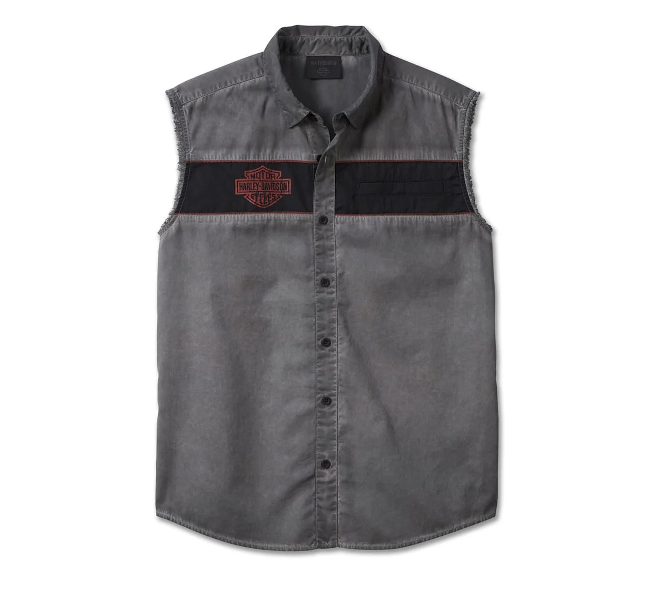 Studio front view of Mens Harley Davidson Grey Sleeveless Canvas Shirt Vest