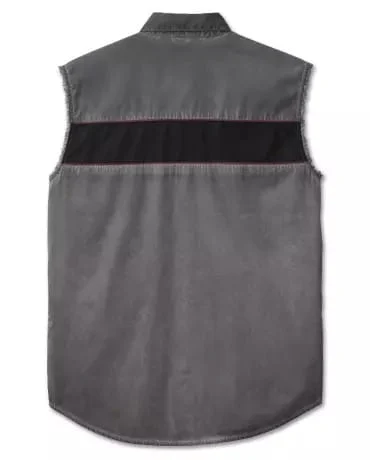 Studio back view of Mens Harley Davidson Grey Sleeveless Canvas Shirt Vest