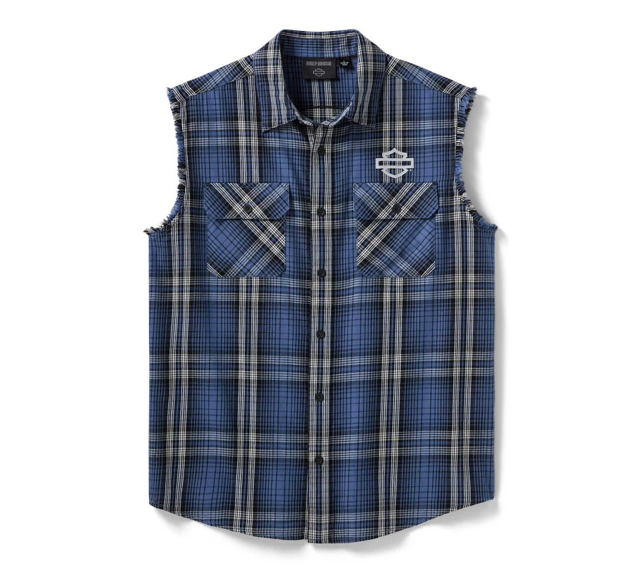 Studio front view of Mens Blue Plaid Sleeveless Biker Shirt Vest