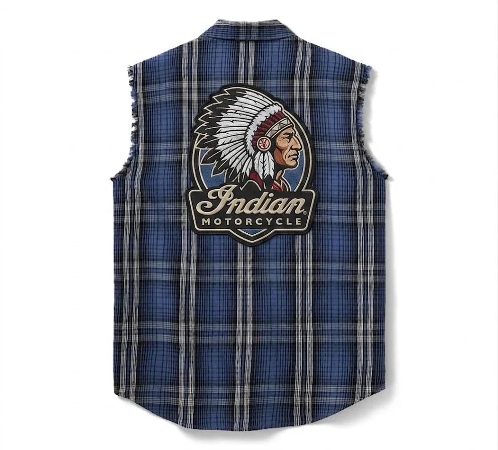Studio back view of Mens Blue Plaid Sleeveless Biker Shirt Vest showing Indian Motorcycle patch