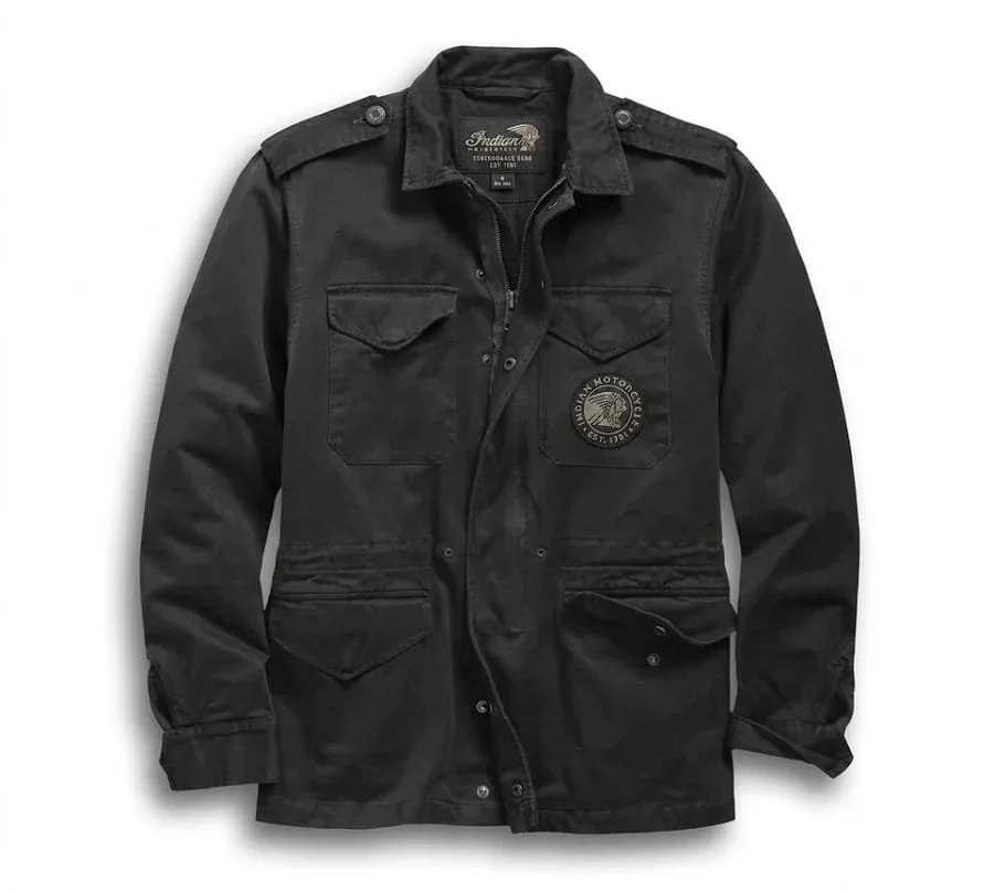 Studio front view of Mens Indian Motorcycle Black Field Jacket