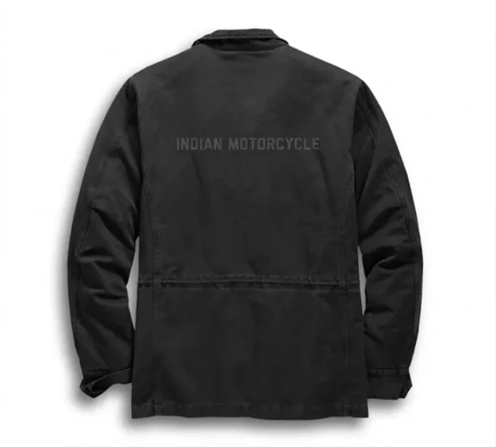 Studio back view of Mens Indian Motorcycle Black Field Jacket