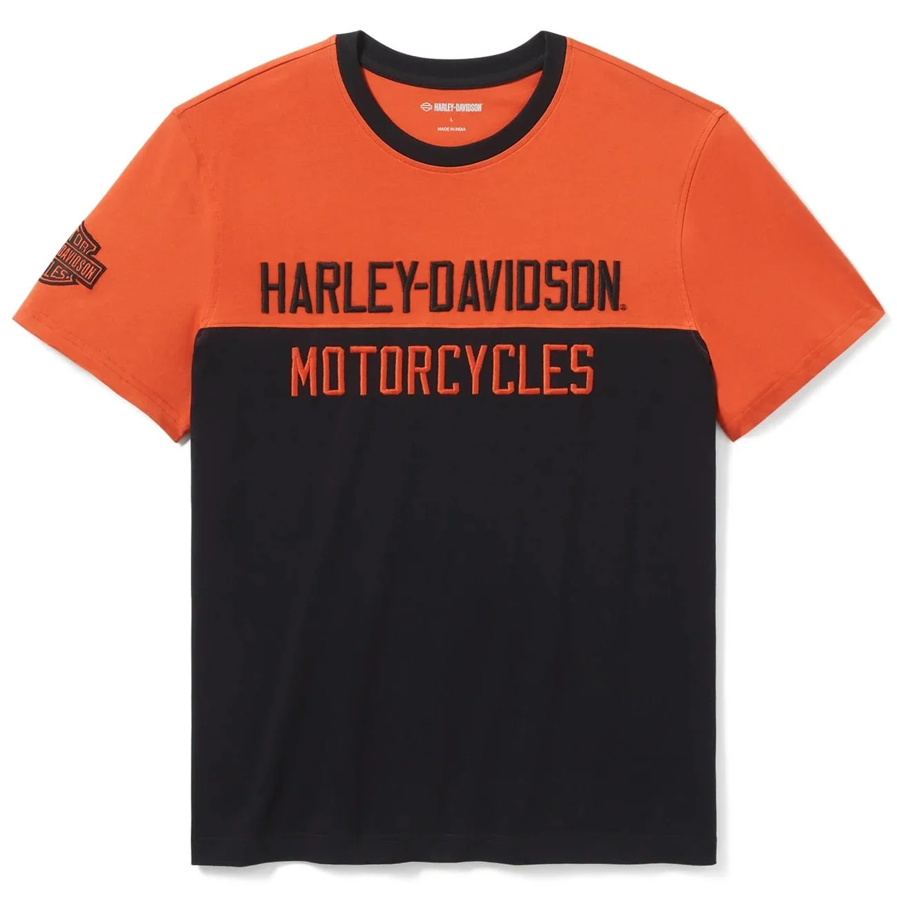Studio front view of Mens Harley Davidson Orange and Black Colorblock T-Shirt