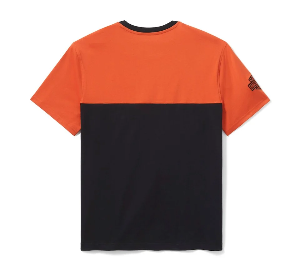 Studio back view of Mens Harley Davidson Orange and Black Colorblock T-Shirt