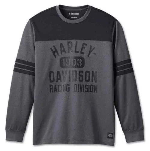 Studio front view of Mens Harley Davidson Charcoal Racing Division Long Sleeve Jersey