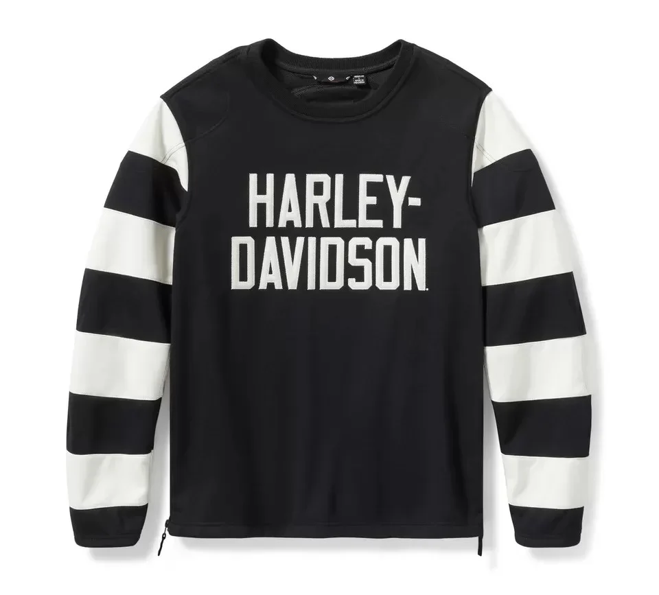 Studio front view of Mens Harley Davidson Black Striped Sleeve Crewneck Sweater