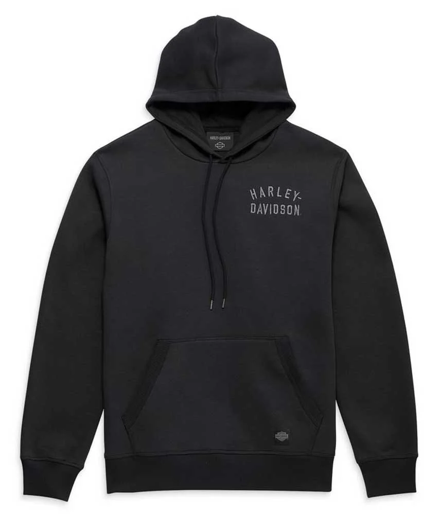 Studio front view of Mens Harley Davidson Black Pullover Fleece Hoodie