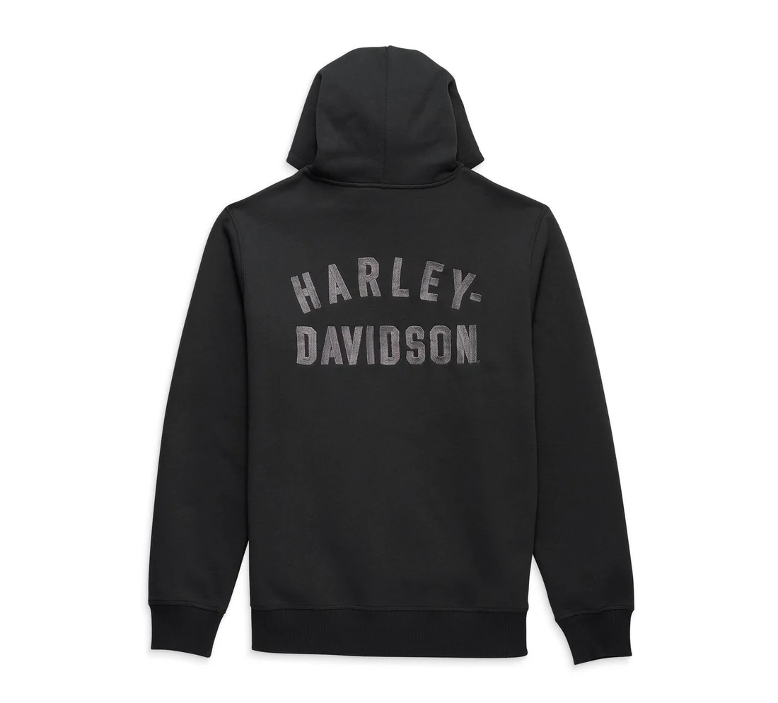 Studio back view of Mens Harley Davidson Black Pullover Fleece Hoodie