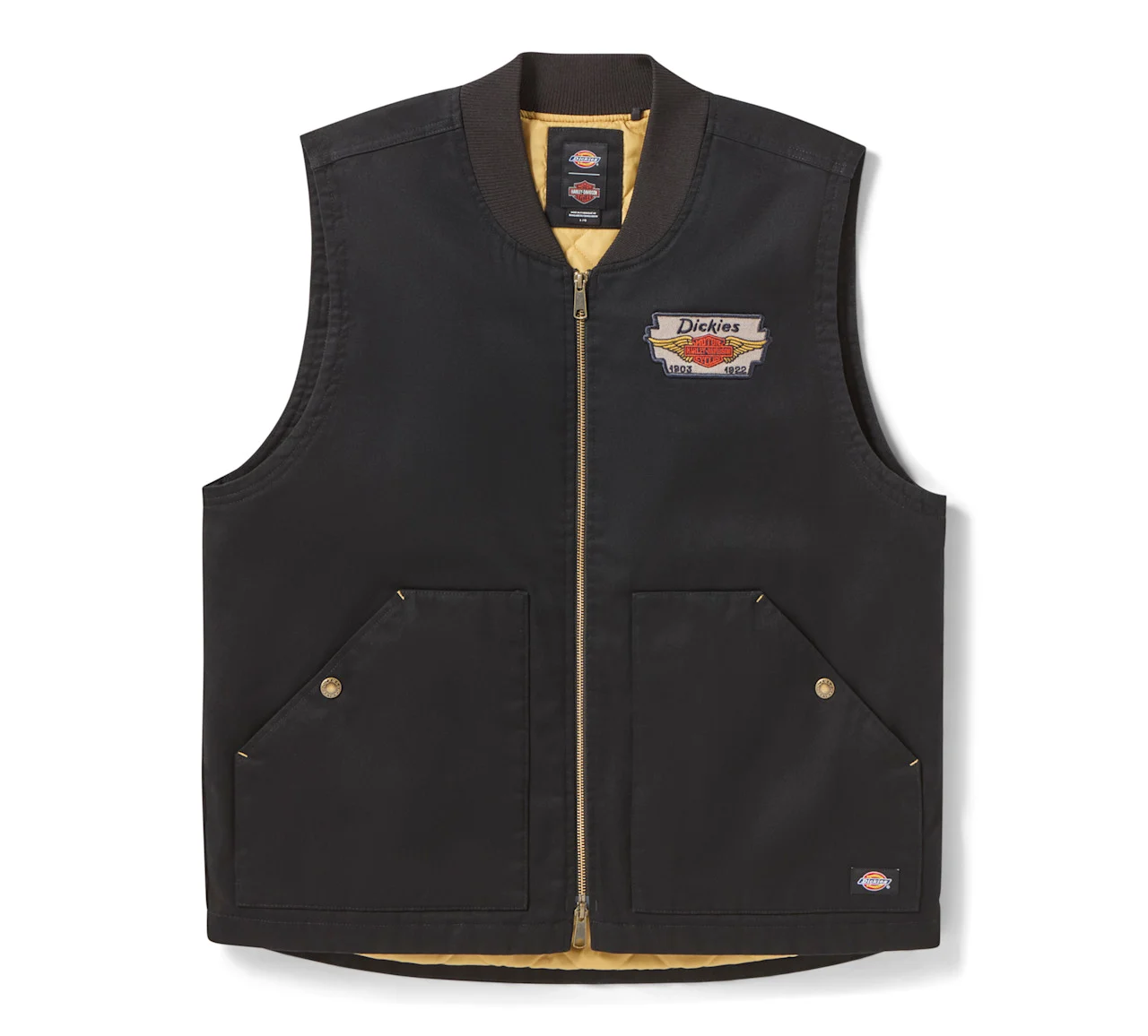 Studio front view of Mens Dickies Harley Davidson Black Canvas Work Vest