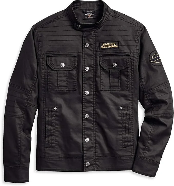 Studio front view of Mens Harley Davidson Black Waxed Canvas Riding Jacket