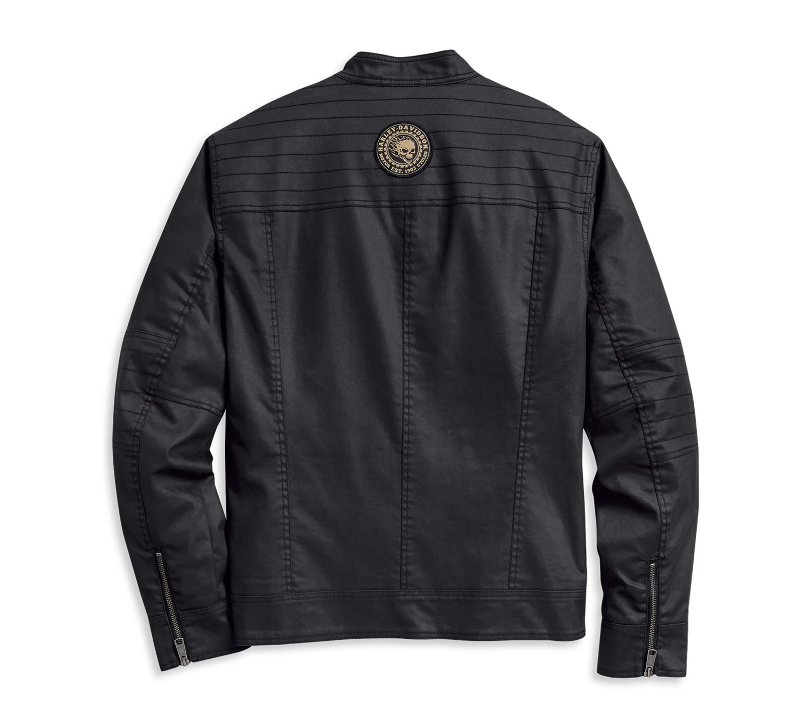 Studio back view of Mens Harley Davidson Black Waxed Canvas Riding Jacket