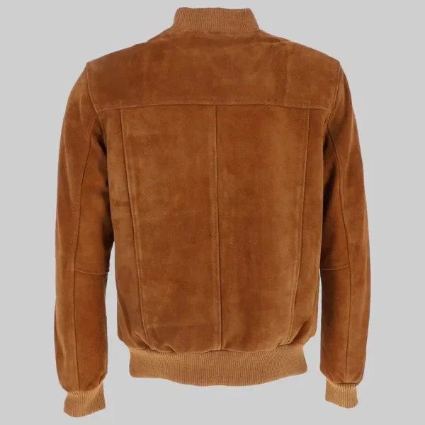 Studio back view of Mens Classic Tan Brown Suede Leather Bomber Jacket showing back yoke