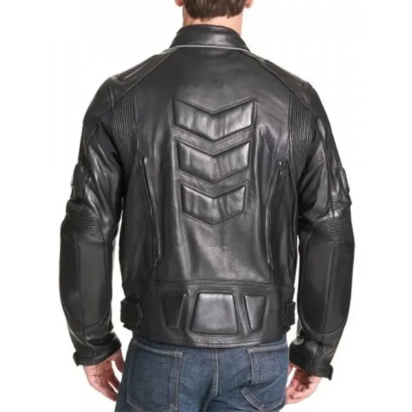 Studio back view of Men Black Padded Armored Leather Motorcycle Jacket showing chevron spine padding