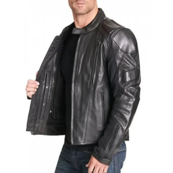 Side angle view of Men Black Padded Armored Leather Motorcycle Jacket showing interior lining