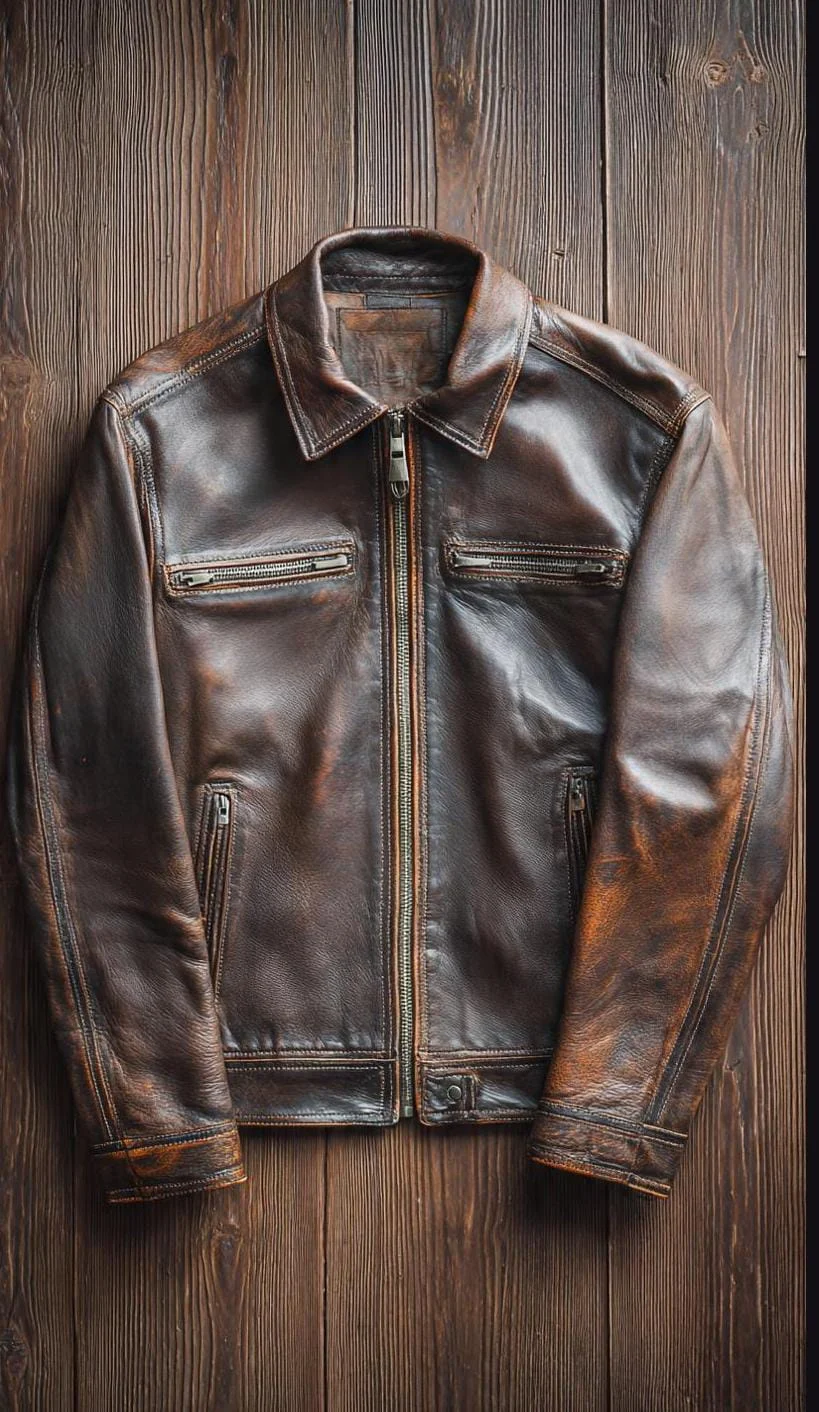 men's distressed leather trucker jacket front view flat lay