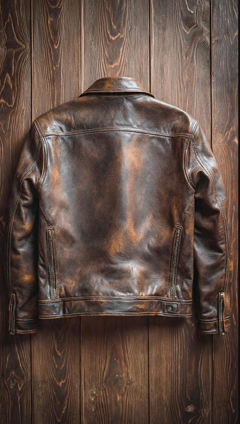 men's distressed leather trucker jacket back view flat lay
