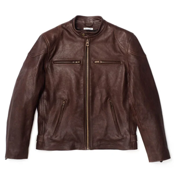 Studio front view of Mens Premium Dark Brown Cafe Racer Leather Jacket