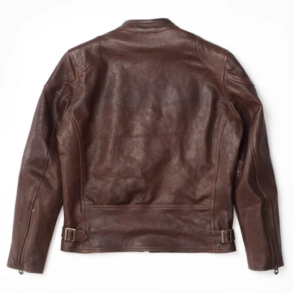 Studio back view of Mens Premium Dark Brown Cafe Racer Leather Jacket showing side buckles