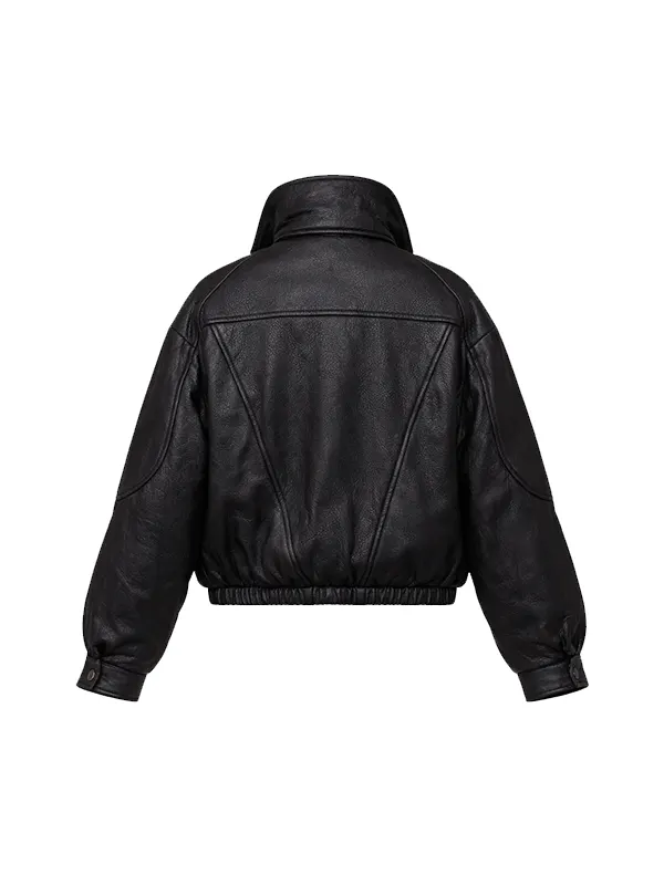 Womens Oversized Black Leather Bomber Jacket back view showing paneling and elastic waistband