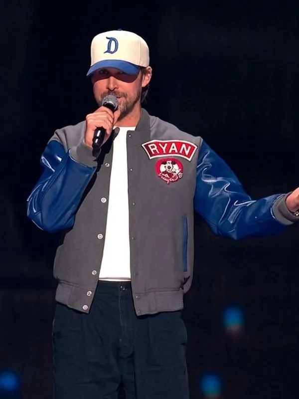 Ryan Gosling wearing Mickey Mouse Club Varsity Jacket front viewRyan Gosling Mickey Mouse Club Varsity Jacket
