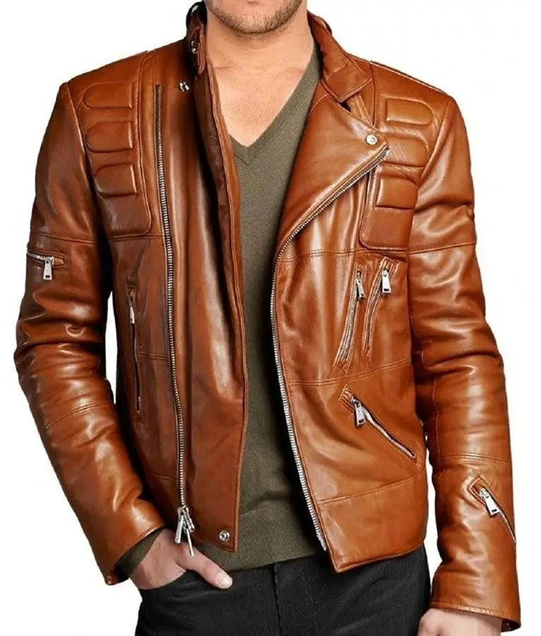 Studio front view of Mens Cognac Brown Padded Biker Leather Jacket showing shoulder padding