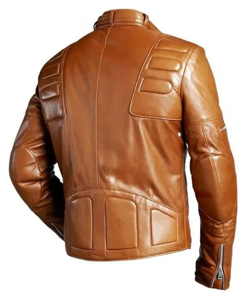 Studio back view of Mens Cognac Brown Padded Biker Leather Jacket showing lower back padding