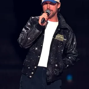 Ryan Gosling wearing Star Wars Starfighter Galaxy Splatter Varsity Jacket front view. Star Wars Starfighter Ryan Gosling Galaxy Splatter Varsity Jacket