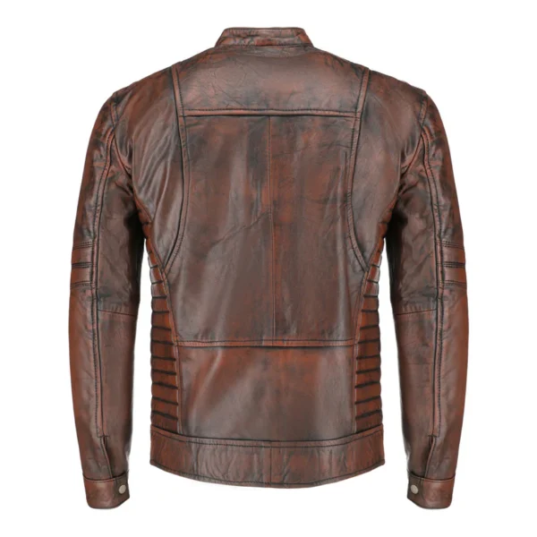 Studio back view of Mens Vintage Distressed Brown Quilted Biker Leather Jacket showing shoulder yoke