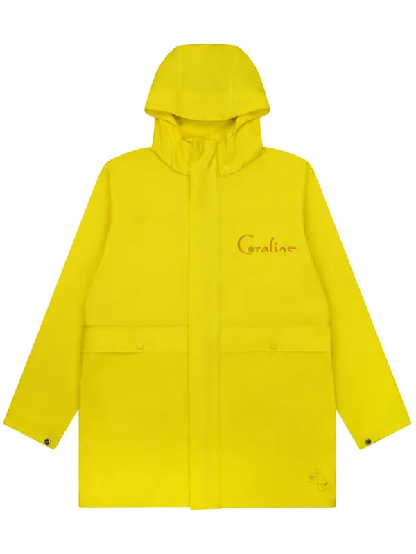 Flat lay front view of Coraline Other Mother Eye Rain Coat. Coraline Other Mother Eye Rain Coat