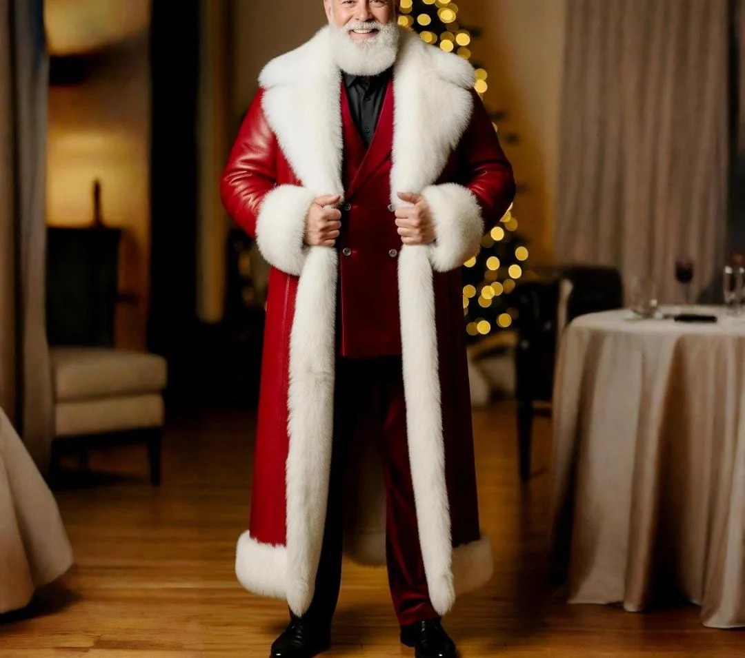 men's red faux leather coat front view fur collar