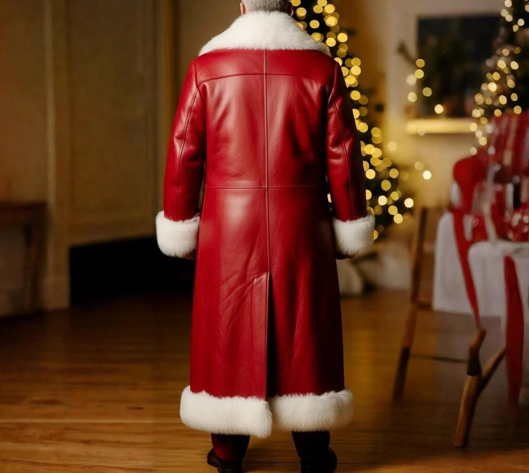 men's red faux leather coat back view floor length