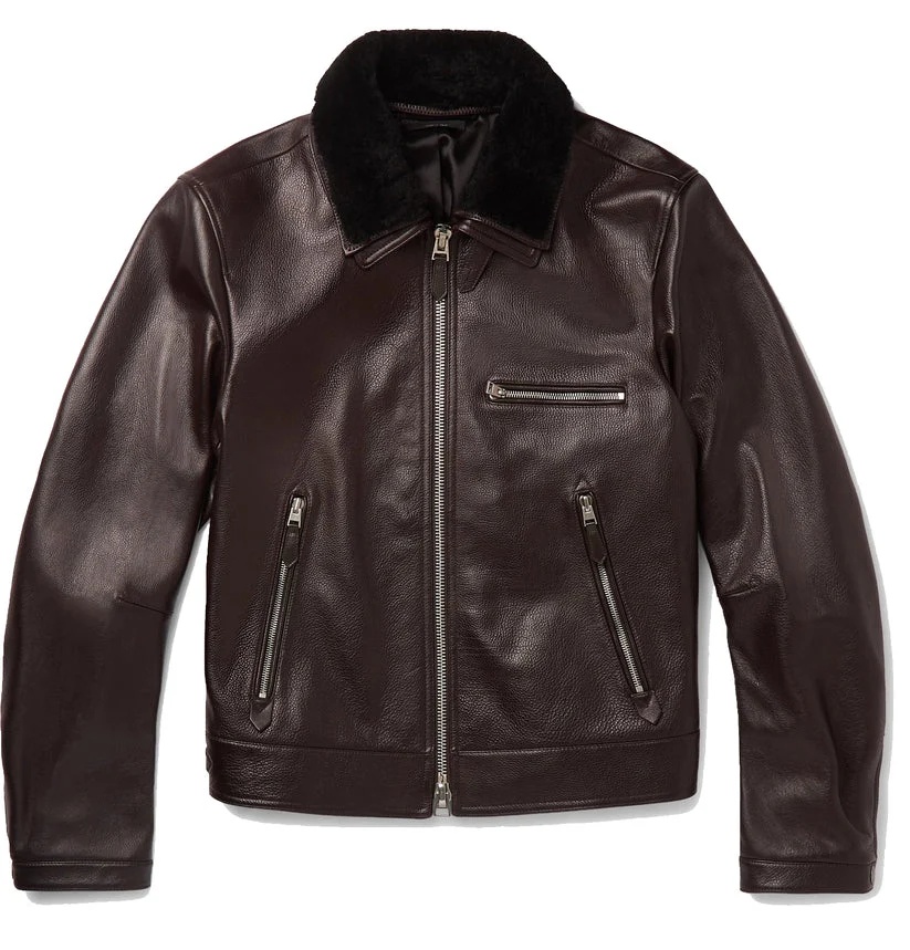 Studio front view of Mens Dark Brown Leather Black Shearling Collar Bomber Jacket cut out on white background