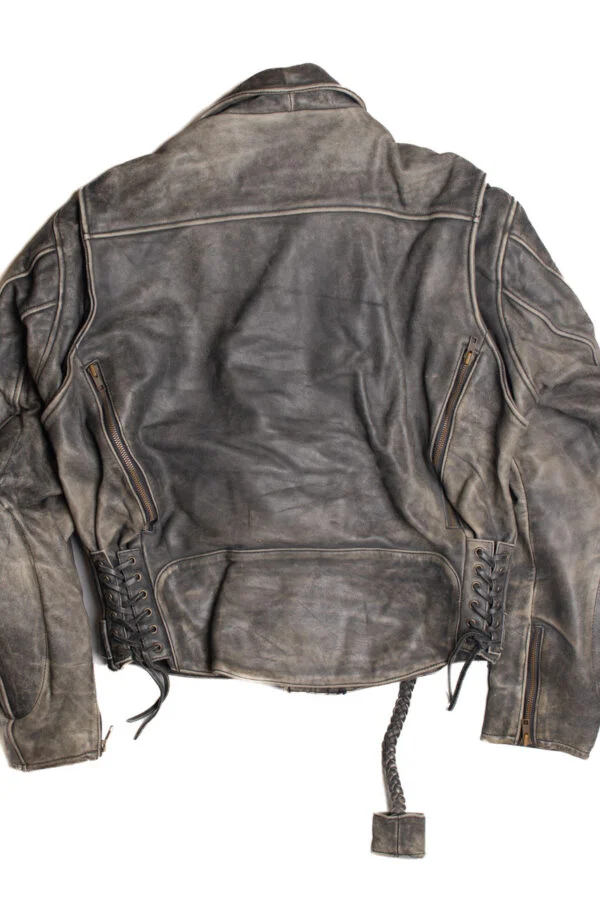 Studio back view of Vintage Distressed Grey Leather Motorcycle Jacket showing side lacing and zip vents