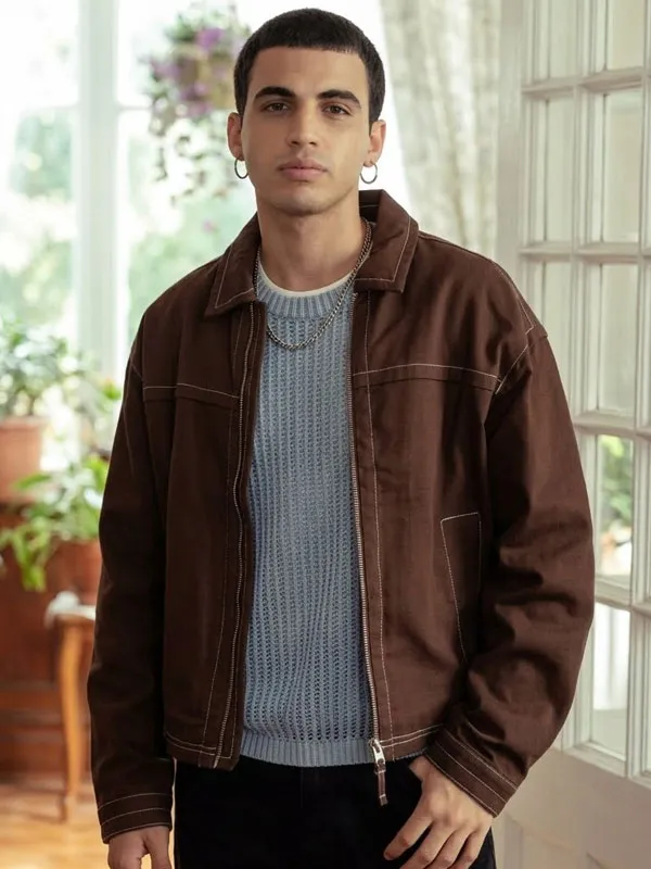 Male model wearing Boulevard Brian Vilche Cotton Jacket over blue knit sweater. Boulevard Brian Vilche Cotton Jacket